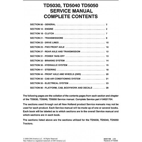 New Holland TD5030, TD5040, TD5050 Tractors Pdf Repair Service Manual (p. Nb. 84221704)