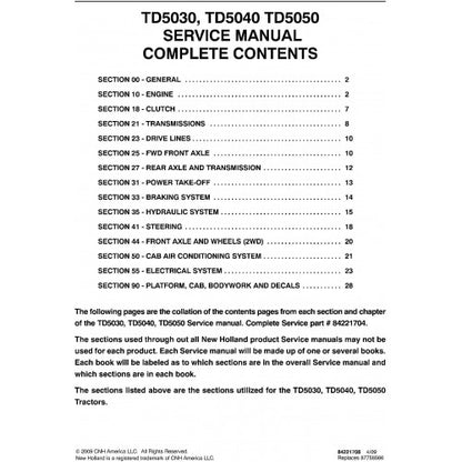 New Holland TD5030, TD5040, TD5050 Tractors Pdf Repair Service Manual (p. Nb. 84221704)