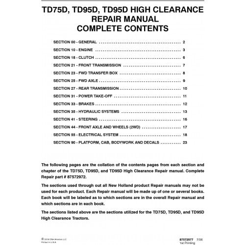 New Holland TD75D TD95D High Clearance Tractors Pdf Repair Service Manual (p. Nb. 87572972)