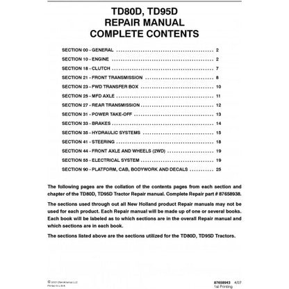 New Holland TD80D, TD95D Tractor Pdf Repair Service Manual (p. Nb. 87658938)