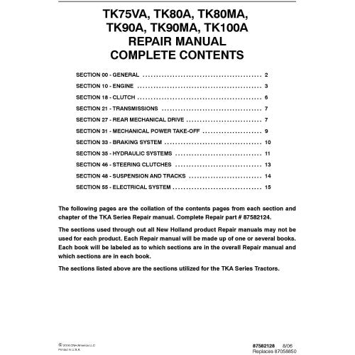 New Holland TK75VA TK80A TK80MA TK90A TK90MA TK100A Crawler Tractors Pdf Repair Service Manual (p. Nb. 87582124)