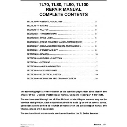 New Holland TL70 TL80 TL90 TL100 Tractors Pdf Repair Service Manual (p. Nb. 87043516)