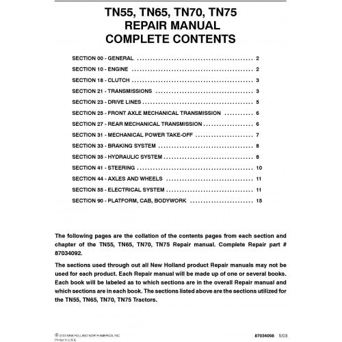 New Holland TN55 TN65 TN70 TN75 Tractor Pdf Repair Service Manual (p. Nb. 87034092)