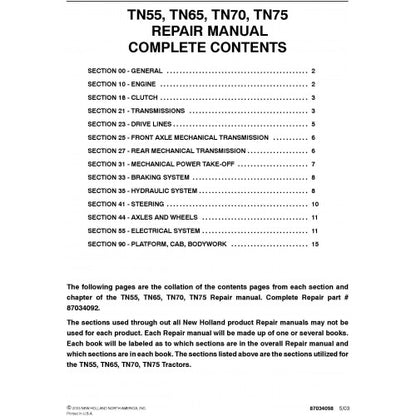 New Holland TN55 TN65 TN70 TN75 Tractor Pdf Repair Service Manual (p. Nb. 87034092)