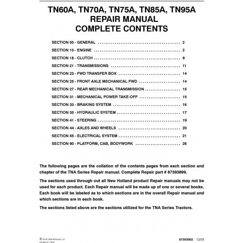 New Holland TN60A, TN70A, TN75A, TN85A, TN95A Tractor Pdf Repair Service Manual (p. Nb. 87393899)