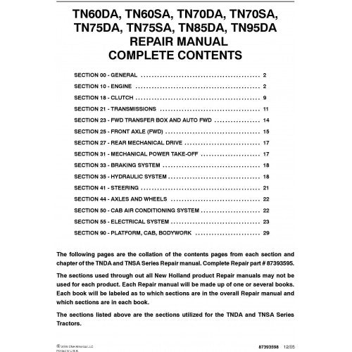 New Holland TN60DA, TN60SA, TN70DA, TN70SA, TN75DA, TM75SA, TN85DA, TN95DA Tractor Pdf Repair Service Manual (p. Nb. 87393595)