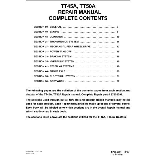 New Holland TT45A, TT50A Tractor Pdf Repair Service Manual (p. Nb. 87655297)