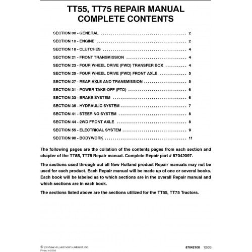 New Holland TT55, TT75 Tractor Pdf Repair Service Manual (p. Nb. 87042097)