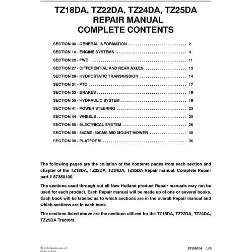 New Holland TZ18DA, TZ22DA, TZ24DA, TZ25DA Compact Tractor Pdf Repair Service Manual (p. Nb. 87350100)