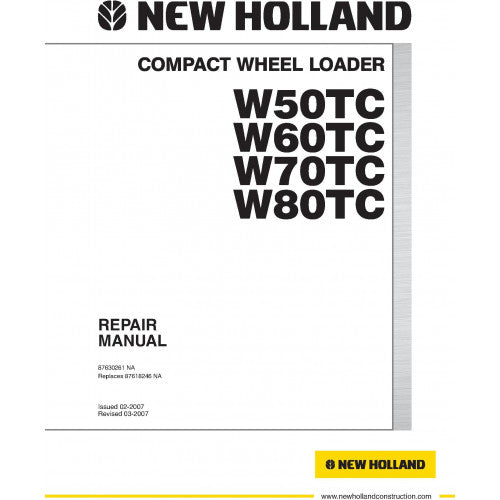 New Holland W50TC, W60TC, W70TC, W80TC Wheel Loader Pdf Repair Service Manual Na (p. Nb. 87630261)