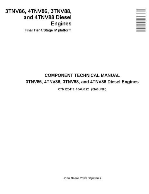 Yanmar 3TNV86, 3TNV88, 4TNV86 and 4TNV88 (FT4/Stage IV) Diesel Engines Technical Pdf Repair Service Manual (CTM120419)