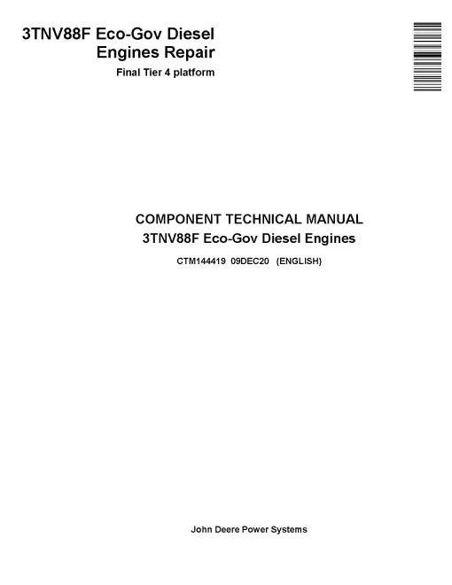 Yanmar 3TNV88F (FT4) Eco-Gov Diesel Engines Technical Pdf Repair Service Manual (CTM144419)