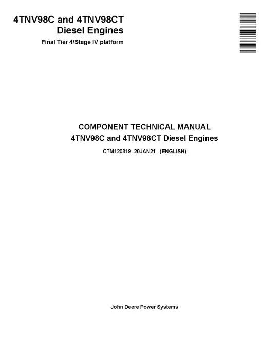 Yanmar 4TNV98C and 4TNV98CT (FT4/Stage IV) Diesel Engines Pdf Repair Service Manual (CTM120319)